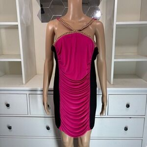Venus Womens Chain Strap Ruched Bodycon Mini Dress Hot Pink Black XL